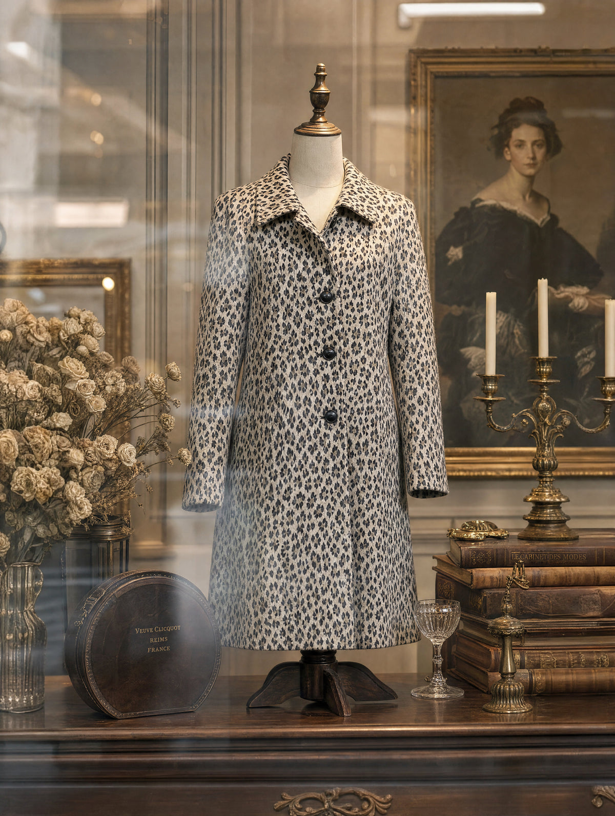 Retro Midi Leopard Print Women Wool‑Blend Coat
