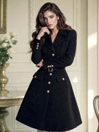 Retro Elegant Midi Belted Wool‑Blend Women Coat