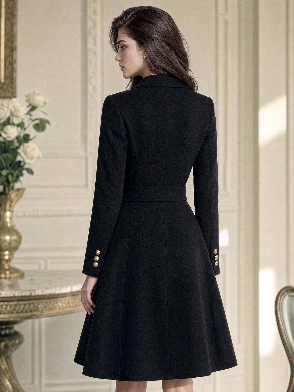 Retro Elegant Midi Belted Wool‑Blend Women Coat
