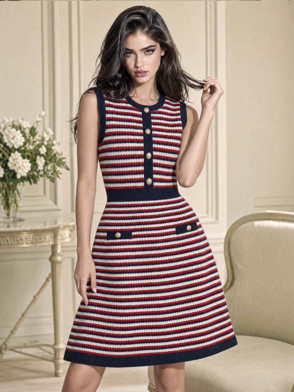 Retro Striped Knit Sleeveless Mini Women Dress