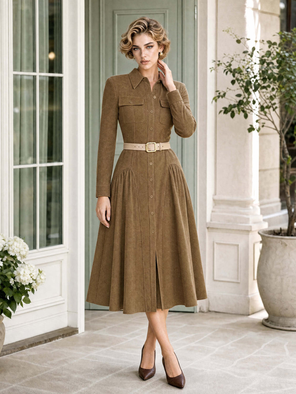 Retro Seamed Gathered Midi Woolen Women Coat