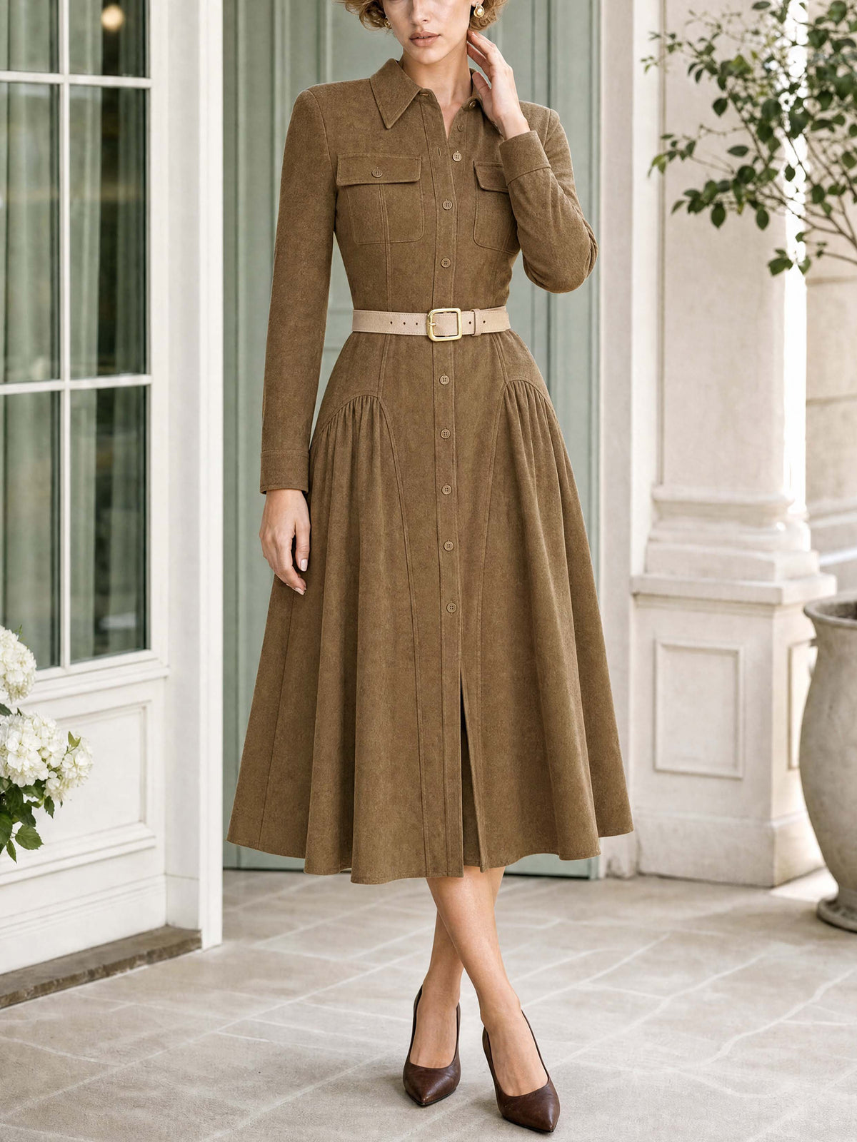 Retro Seamed Gathered Midi Woolen Women Coat