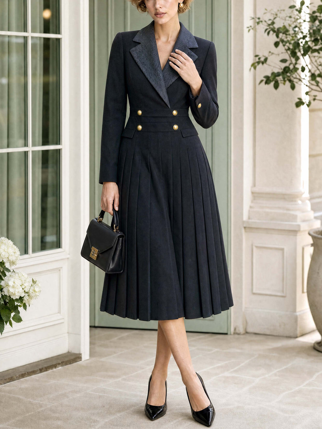 Retro Notched Collar Pleated Midi Dress