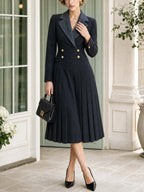 Retro Notched Collar Pleated Midi Dress
