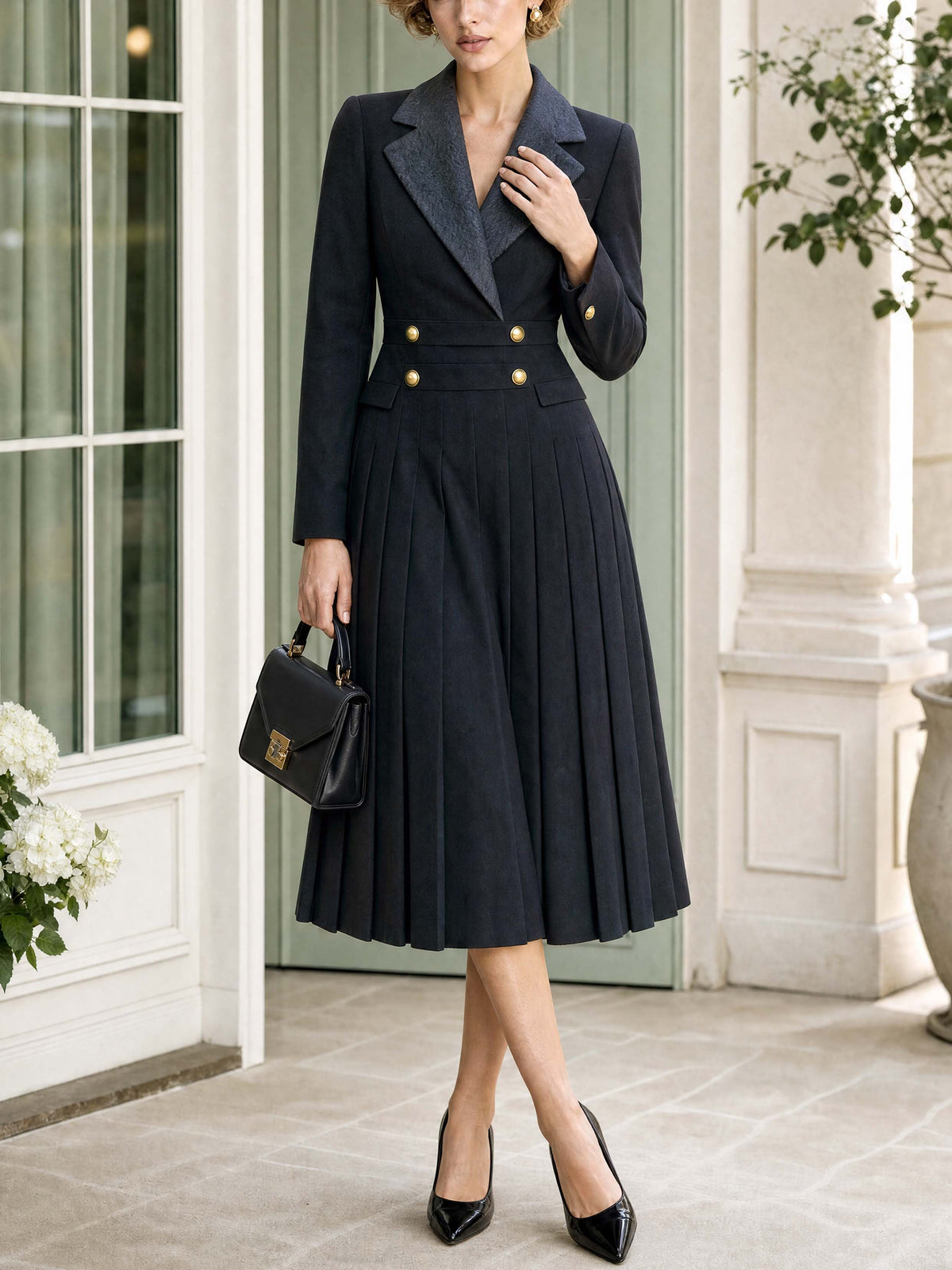 Retro Notched Collar Pleated Midi Dress