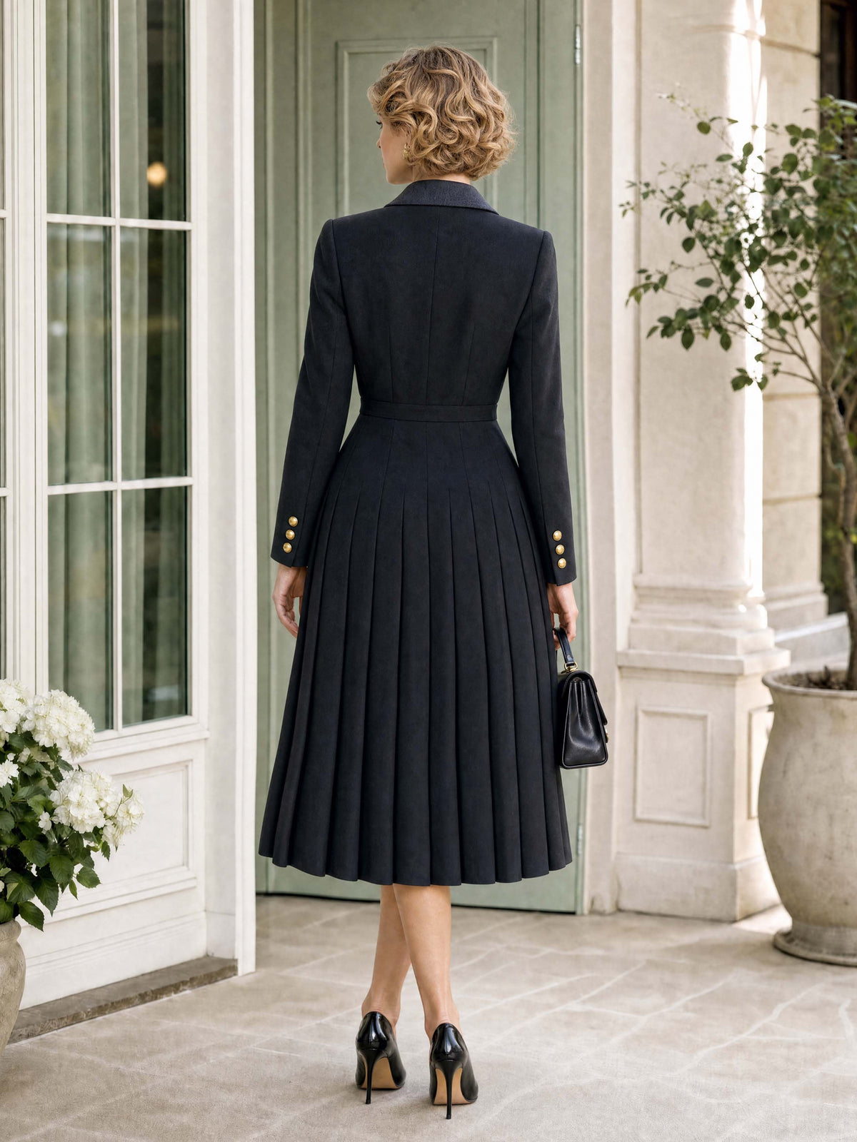 Retro Notched Collar Pleated Midi Dress