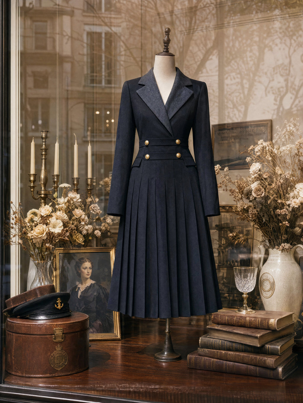 Retro Notched Collar Pleated Midi Dress