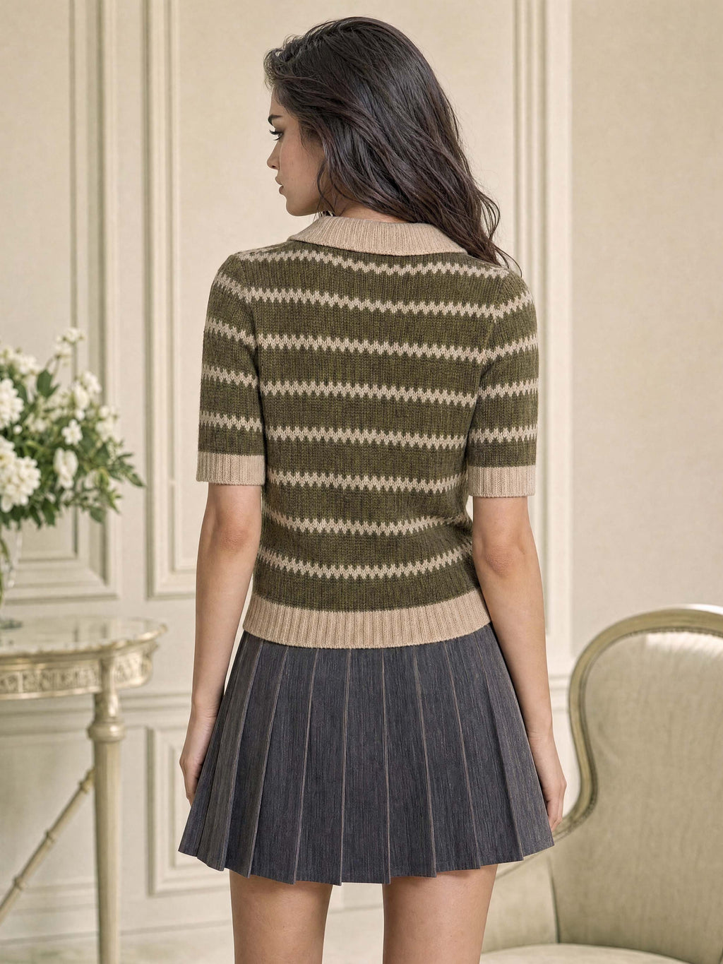 Retro Stripe Johnny Collar Short Sleeve Knit Top