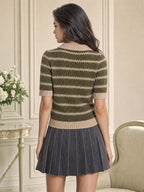 Retro Stripe Johnny Collar Short Sleeve Knit Top