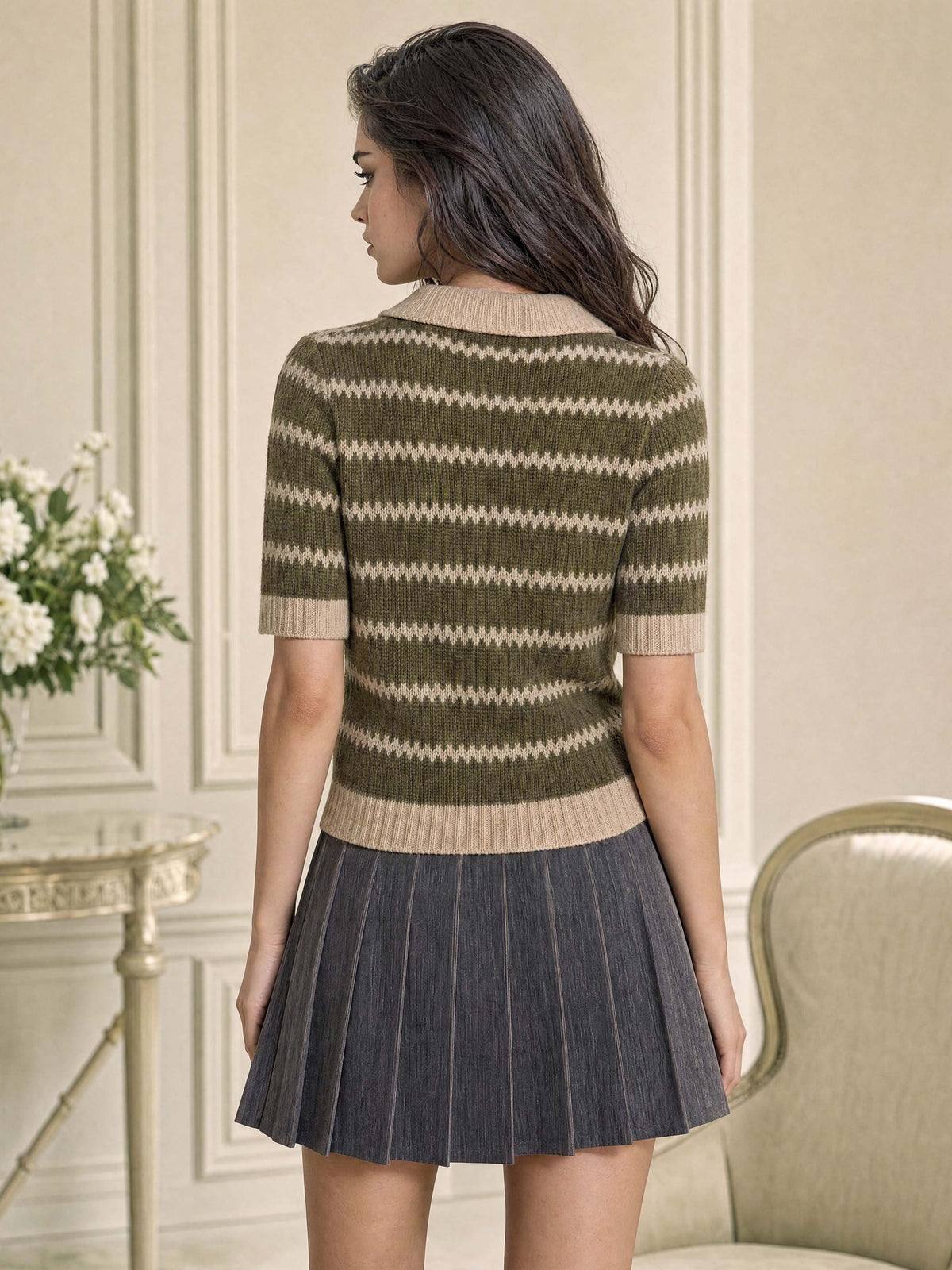 Retro Stripe Johnny Collar Short Sleeve Knit Top
