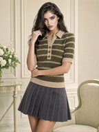 Retro Stripe Johnny Collar Short Sleeve Knit Top