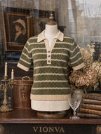 Retro Stripe Johnny Collar Short Sleeve Knit Top