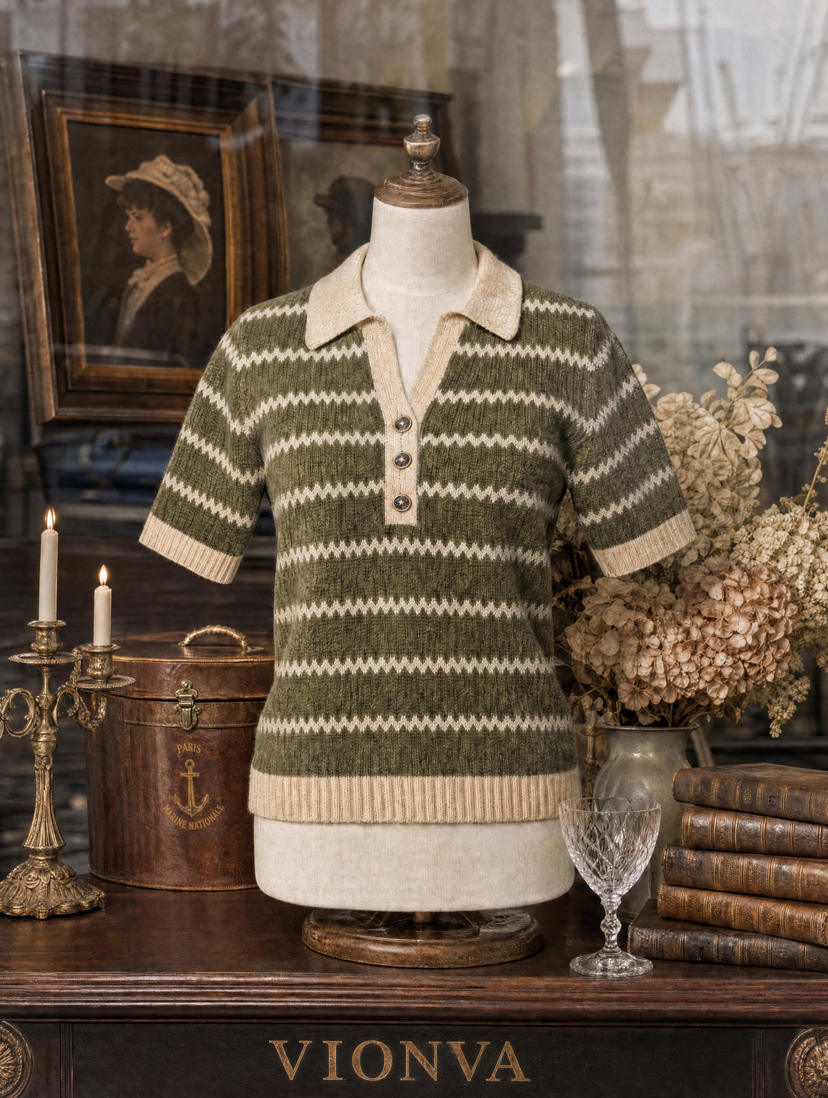 Retro Stripe Johnny Collar Short Sleeve Knit Top
