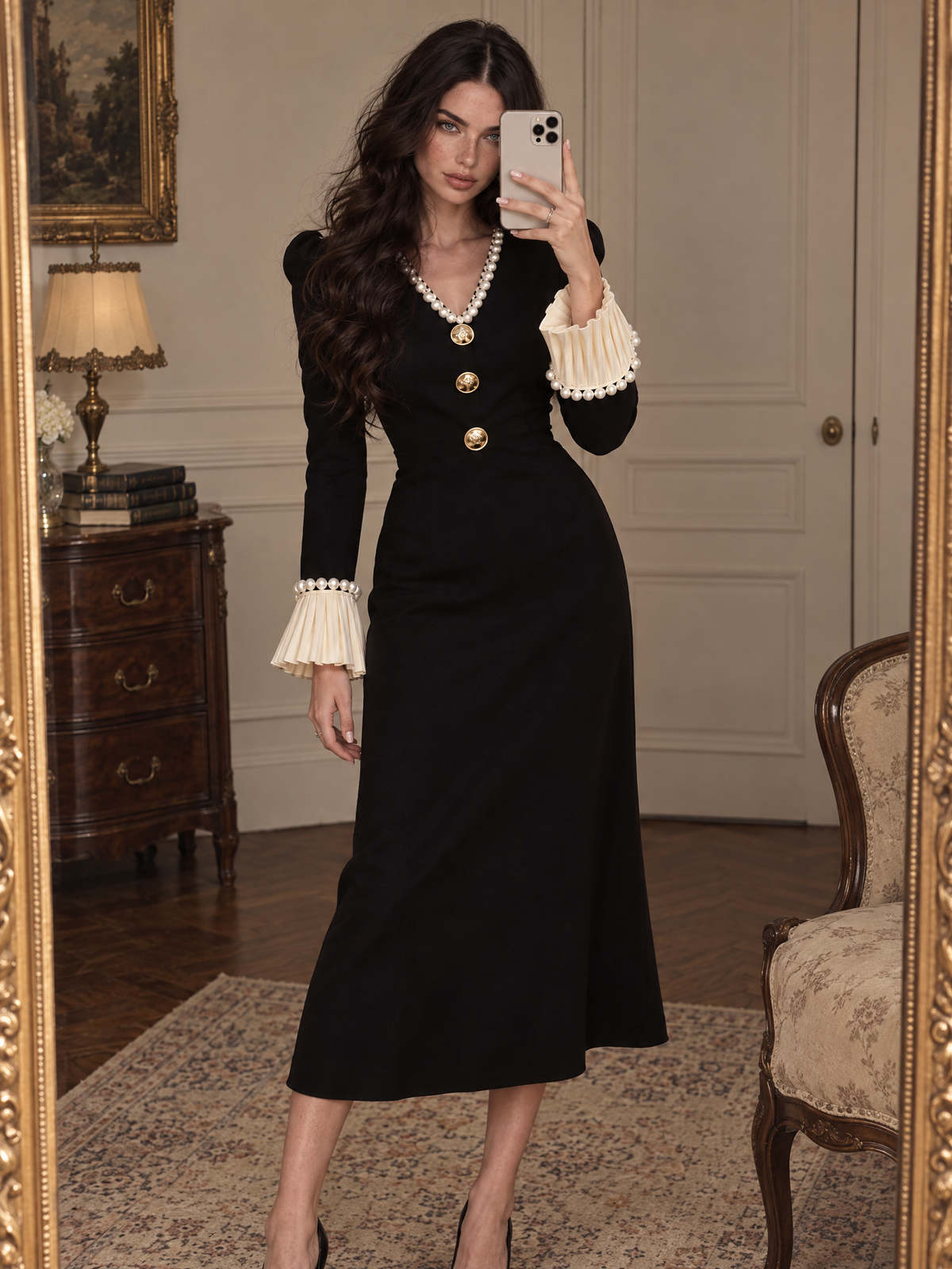 Vintage V-Neck Heavy Beaded Flare Sleeve Midi Dress