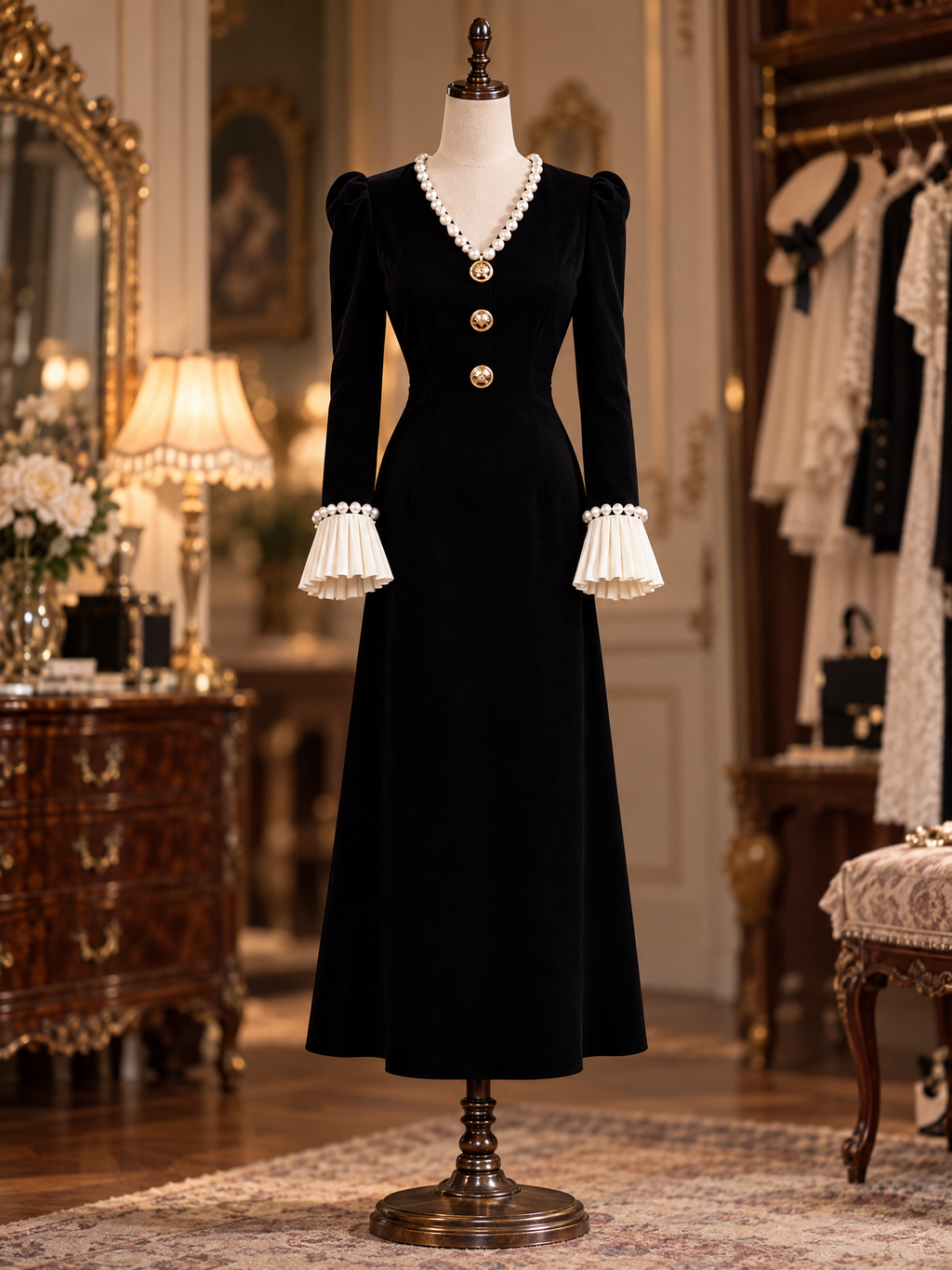 Vintage V-Neck Heavy Beaded Flare Sleeve Midi Dress