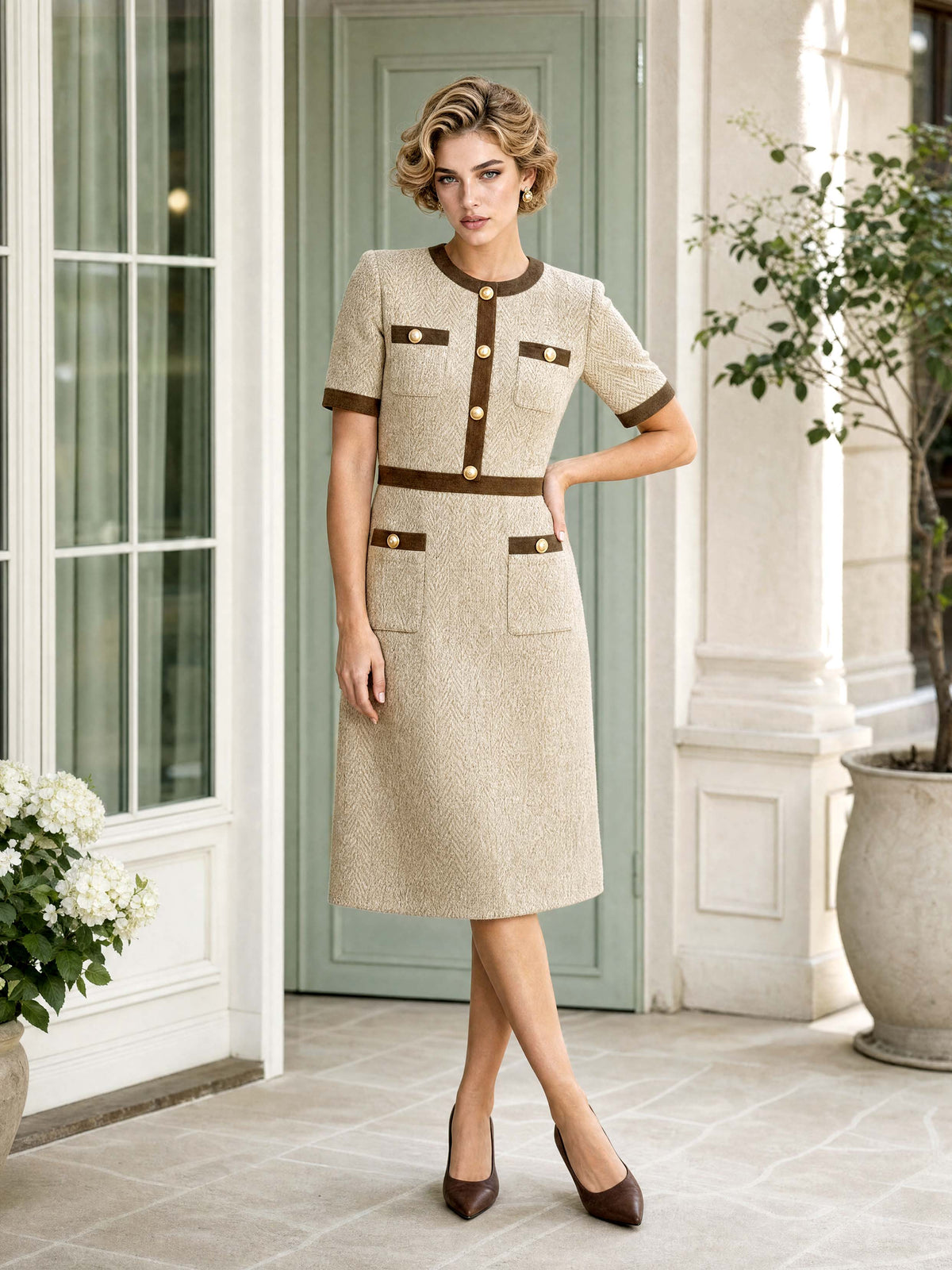 Retro Midi Contrast Trim Tweed Sheath Dress