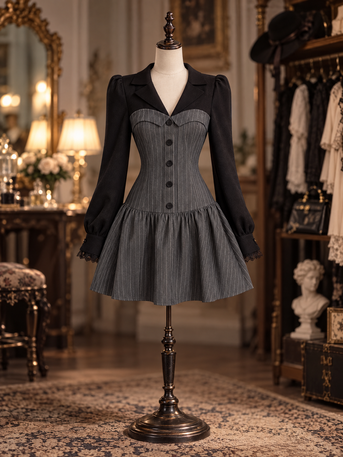 Vintage Academia Faux Two-Piece Lapel Stripe Slim Fit Mini Dress