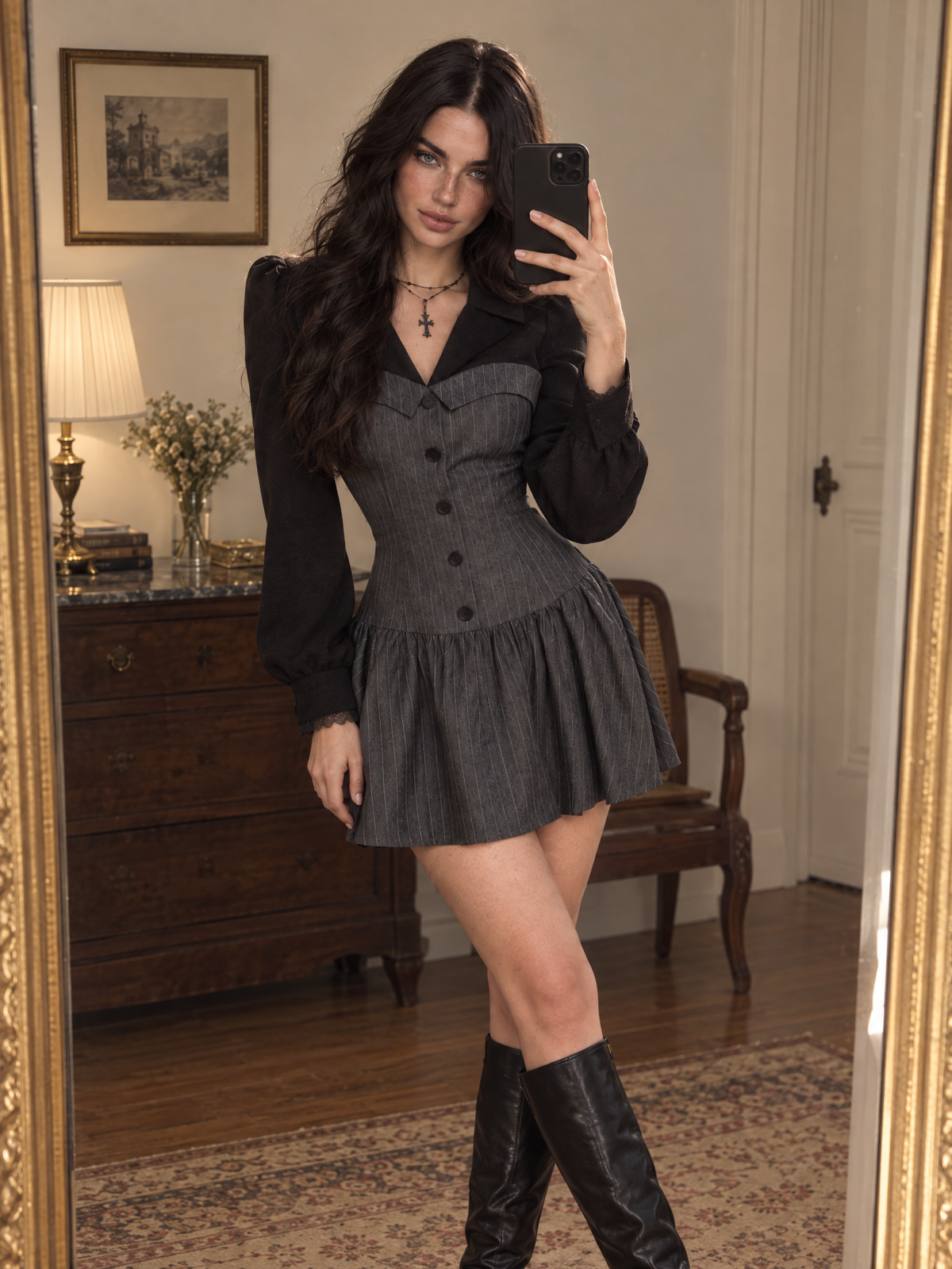 Vintage Academia Faux Two-Piece Lapel Stripe Slim Fit Mini Dress