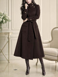 Retro Maxi Belted Stand Collar Wool Blend Coat