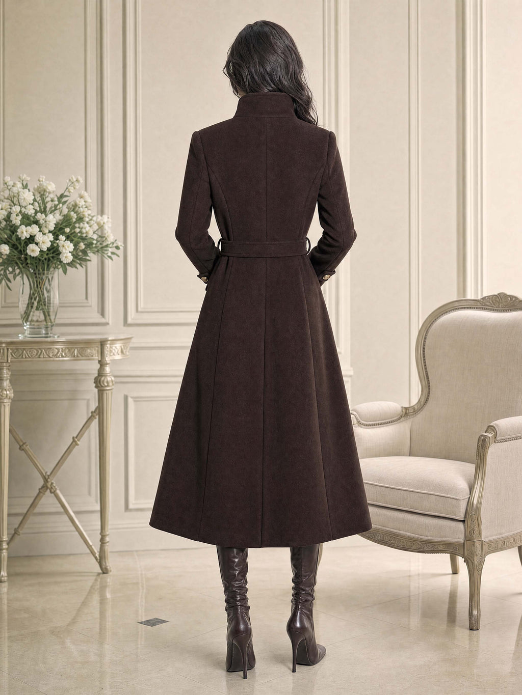Retro Maxi Belted Stand Collar Wool Blend Coat