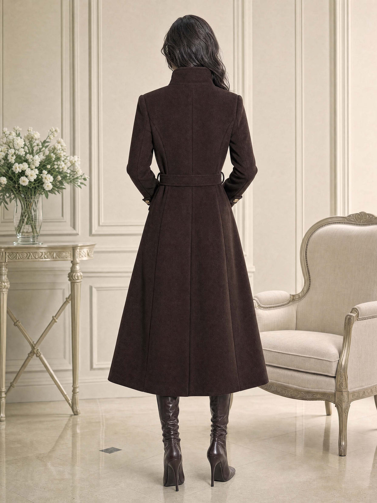 Retro Maxi Belted Stand Collar Wool Blend Coat