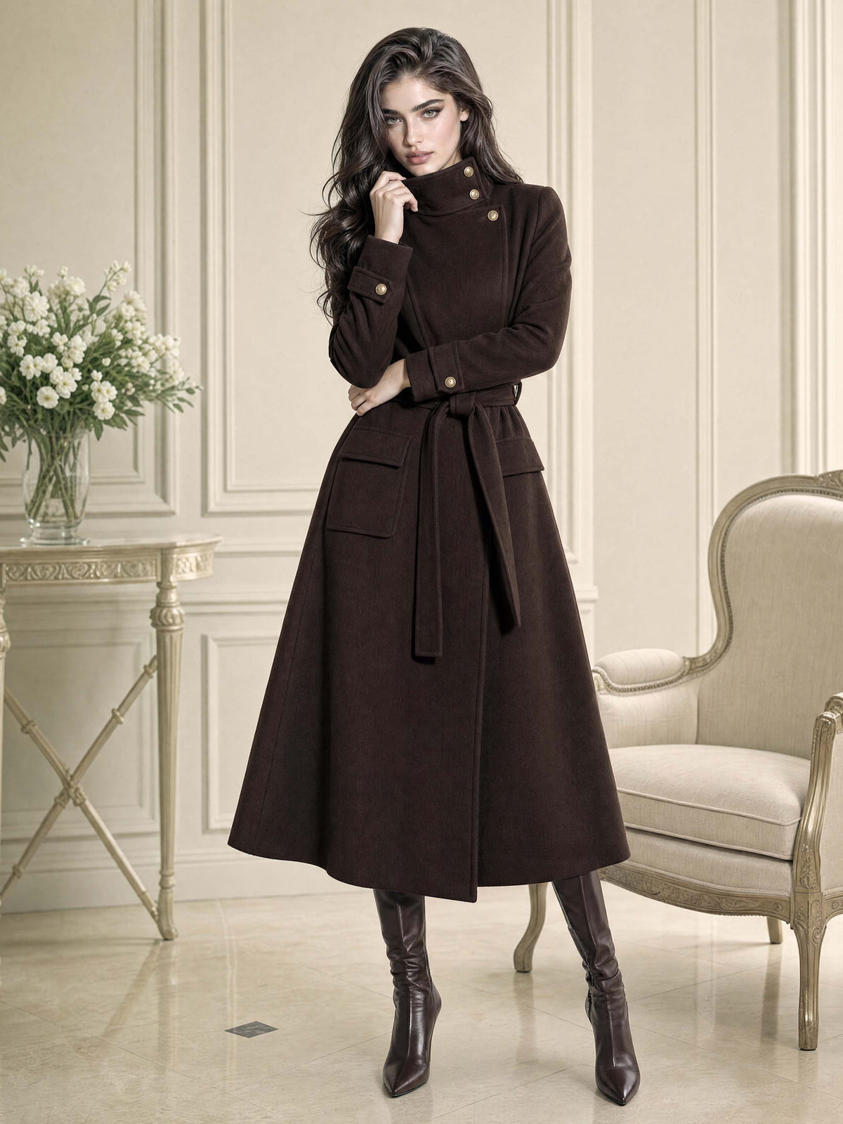 Retro Maxi Belted Stand Collar Wool Blend Coat
