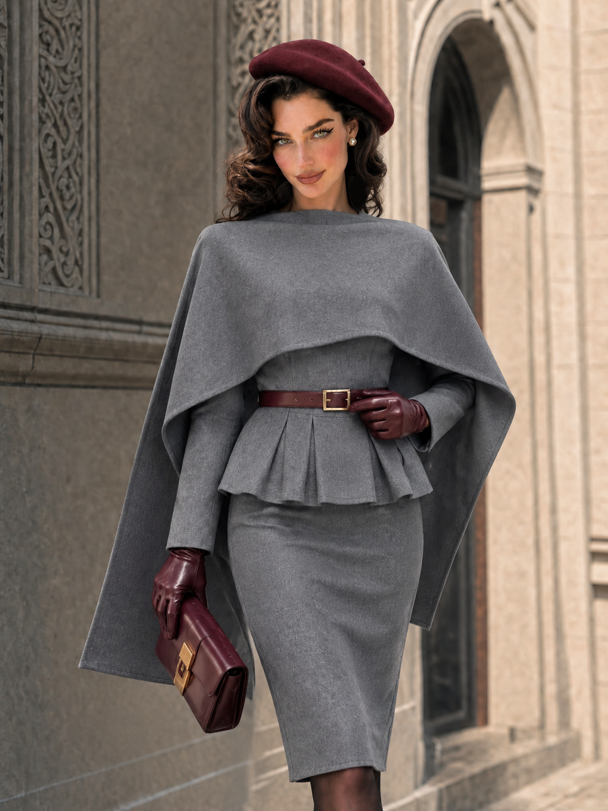 Vintage Color Block Shawl & Midi Skirt 3-Piece Set