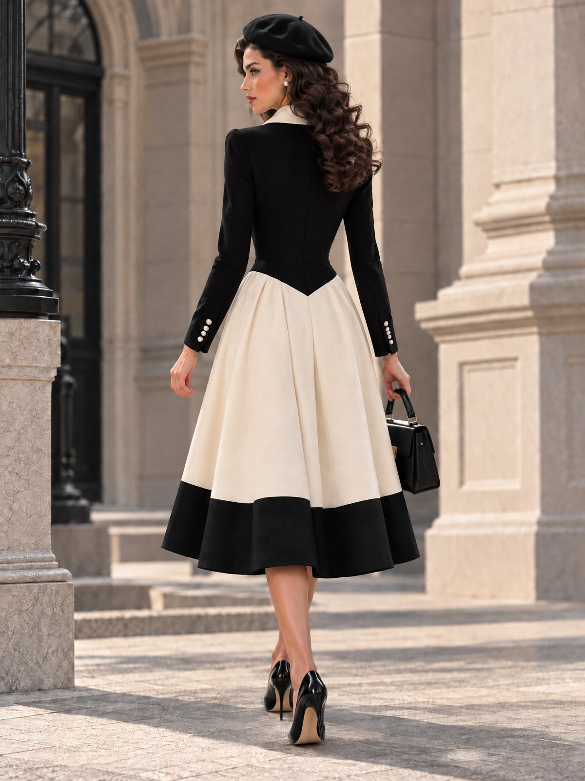 Vintage Color Block Frog Button Midi Dress