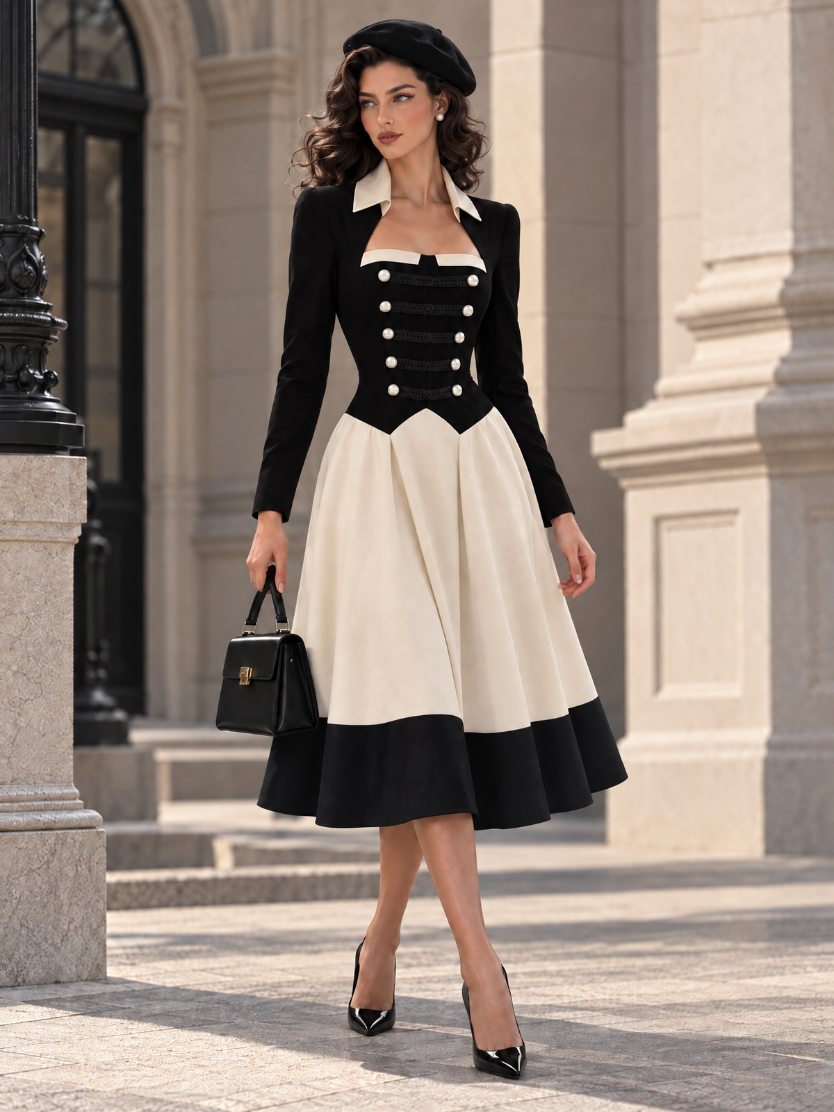 Vintage Color Block Frog Button Midi Dress