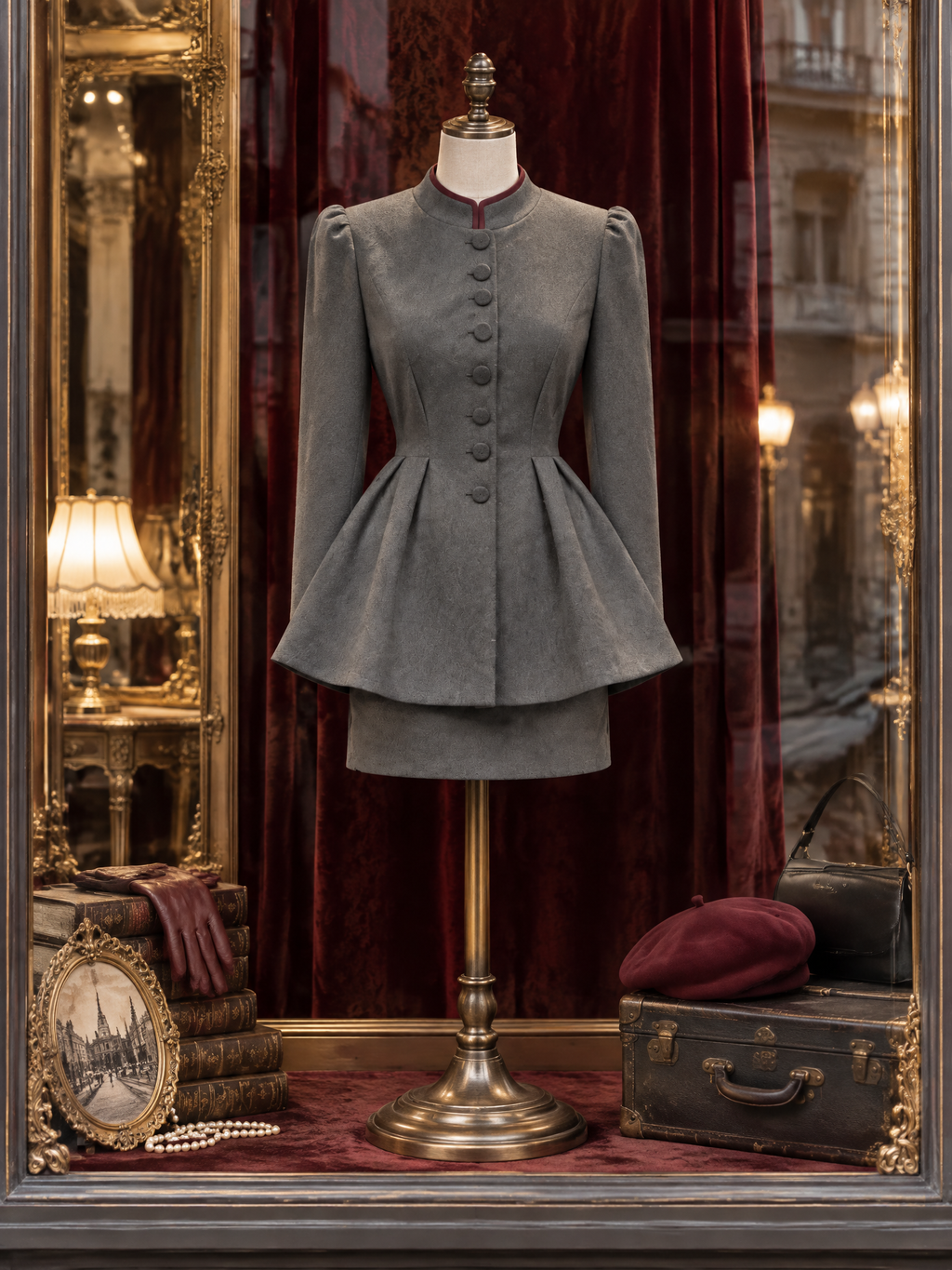 Vintage Waist-tight Woolen Coat & Skirt 2-Piece Set