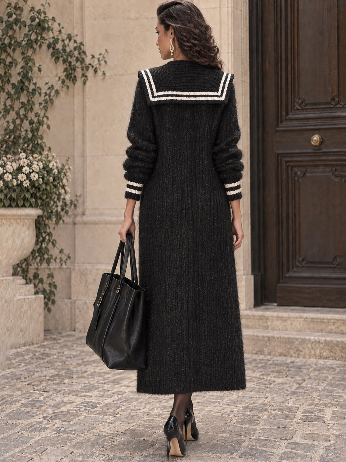 Vintage Stripe-Print Sailor-Collar Zip Knit Maxi Coat