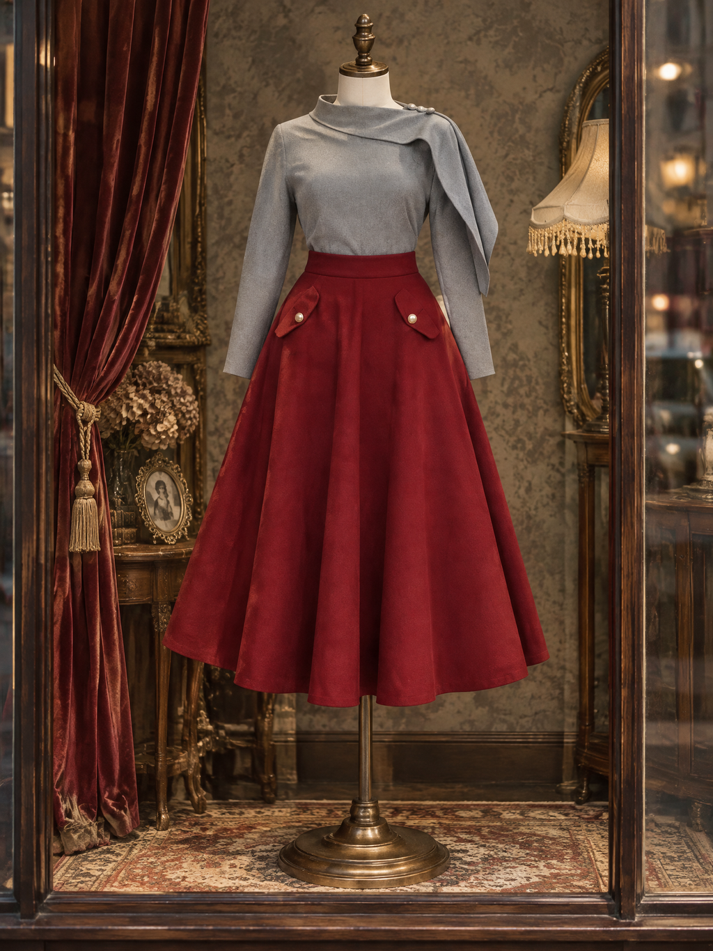 Vintage Irregular Lapel Top & A-line Skirt Suit