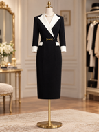 Vintage Hepburn Style Contrast Lapel Waist Midi Dress