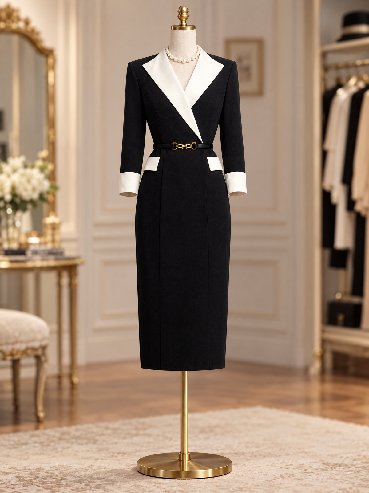 Vintage Hepburn Style Contrast Lapel Waist Midi Dress