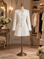 Vintage Chanel Style Loose Fit V-Neck Blazer Dress Pleated Mini Dress