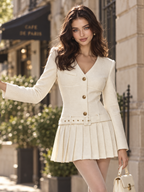 Vintage Chanel Style Loose Fit V-Neck Blazer Dress Pleated Mini Dress