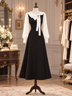 Vintage Gentle Bow Collar Faux Two-Piece Contrast Puff Sleeve Waisted Midi Dress