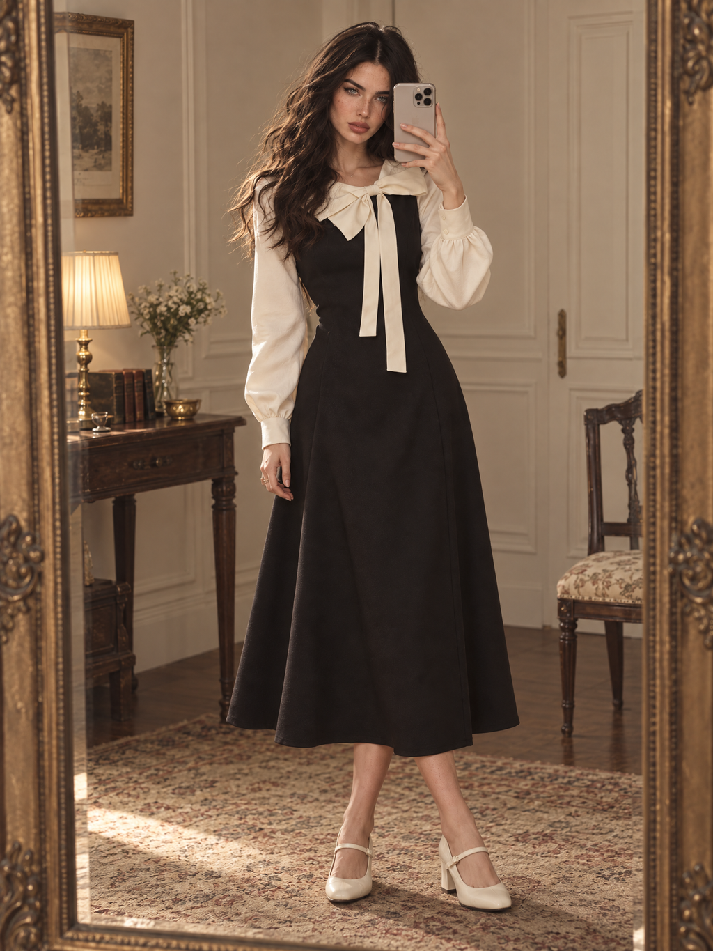 Vintage Gentle Bow Collar Faux Two-Piece Contrast Puff Sleeve Waisted Midi Dress