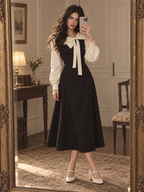 Vintage Gentle Bow Collar Faux Two-Piece Contrast Puff Sleeve Waisted Midi Dress