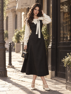 Vintage Gentle Bow Collar Faux Two-Piece Contrast Puff Sleeve Waisted Midi Dress