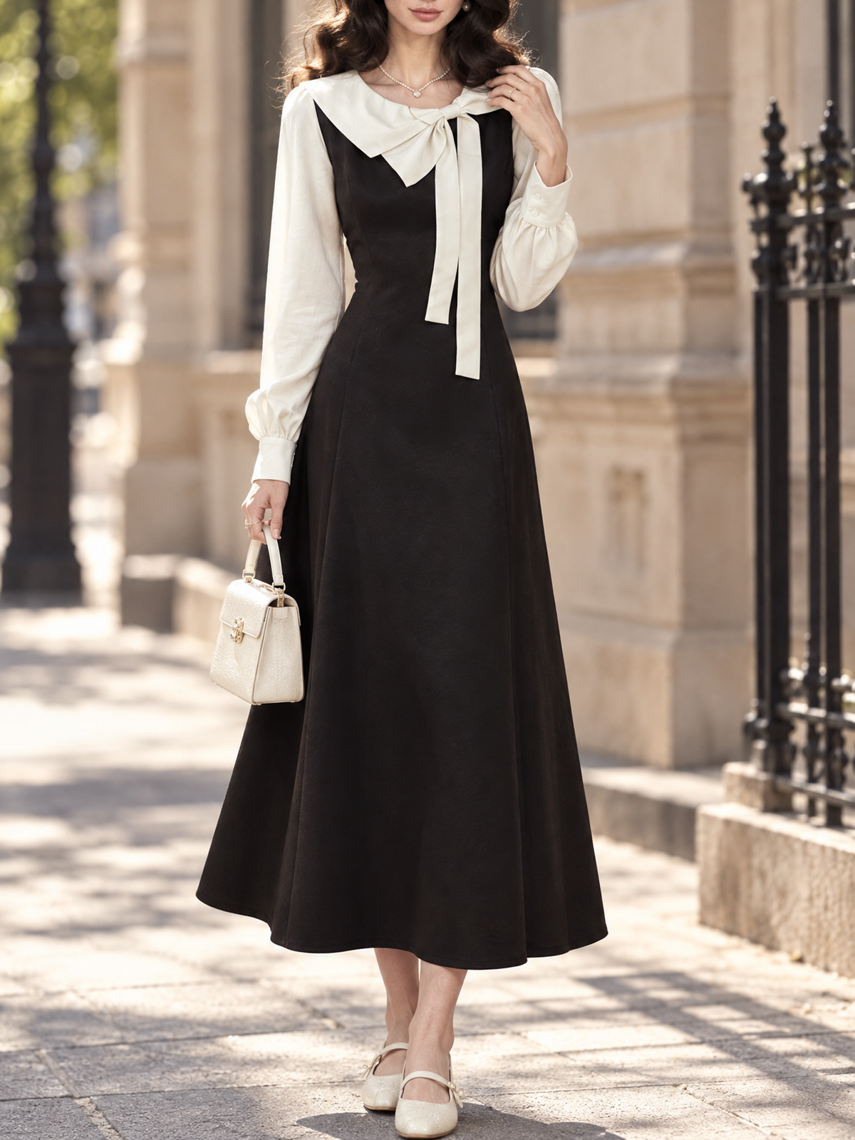 Vintage Gentle Bow Collar Faux Two-Piece Contrast Puff Sleeve Waisted Midi Dress