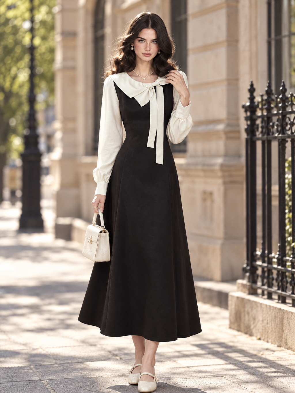 Vintage Gentle Bow Collar Faux Two-Piece Contrast Puff Sleeve Waisted Midi Dress