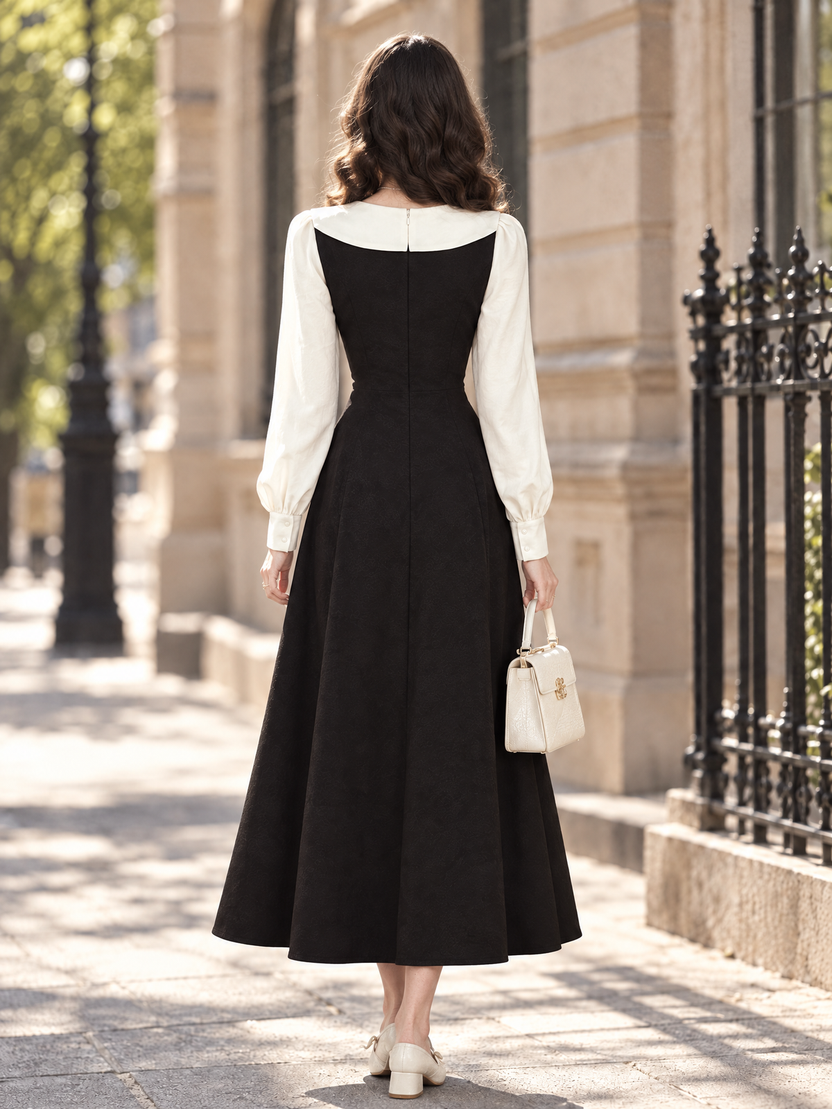 Vintage Gentle Bow Collar Faux Two-Piece Contrast Puff Sleeve Waisted Midi Dress