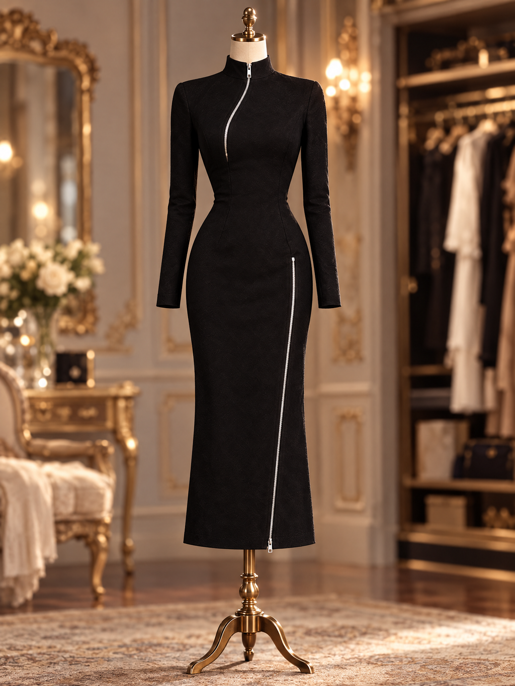 Vintage Mock Neck Metal Zipper Long Sleeve Slit Fitted Midi Dress