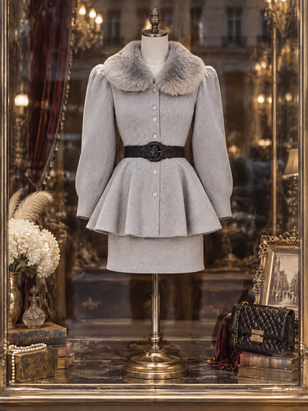 Vintage Faux Fur Collar Fitted Waist Coat & Midi Skirt 2-Piece Set