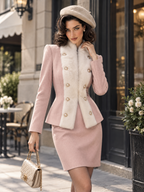 Vintage Double-breasted Notch Faux Fur Spliced Skirt Suit
