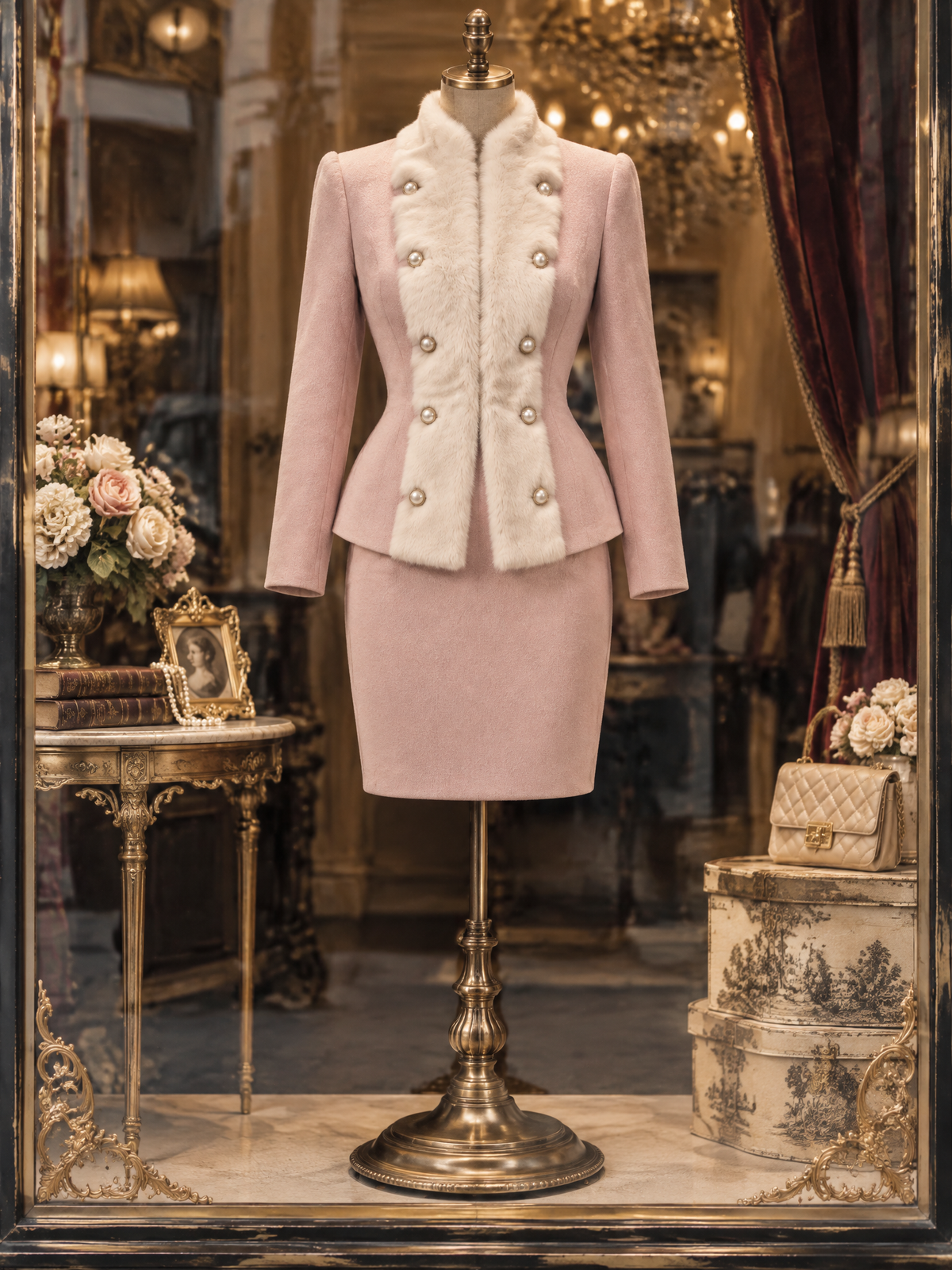 Vintage Double-breasted Notch Faux Fur Spliced Skirt Suit