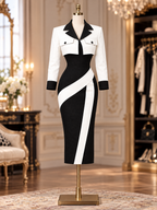 Vintage Contrast Lapel Faux Two-Piece Diagonal Stripe Pencil Midi Dress