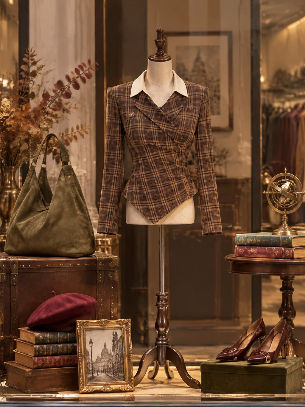 Vintage Plaid-Print Contrast-Collar Ruched Wrap Blouse