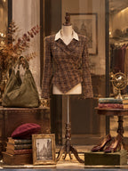 Vintage Plaid-Print Contrast-Collar Ruched Wrap Blouse